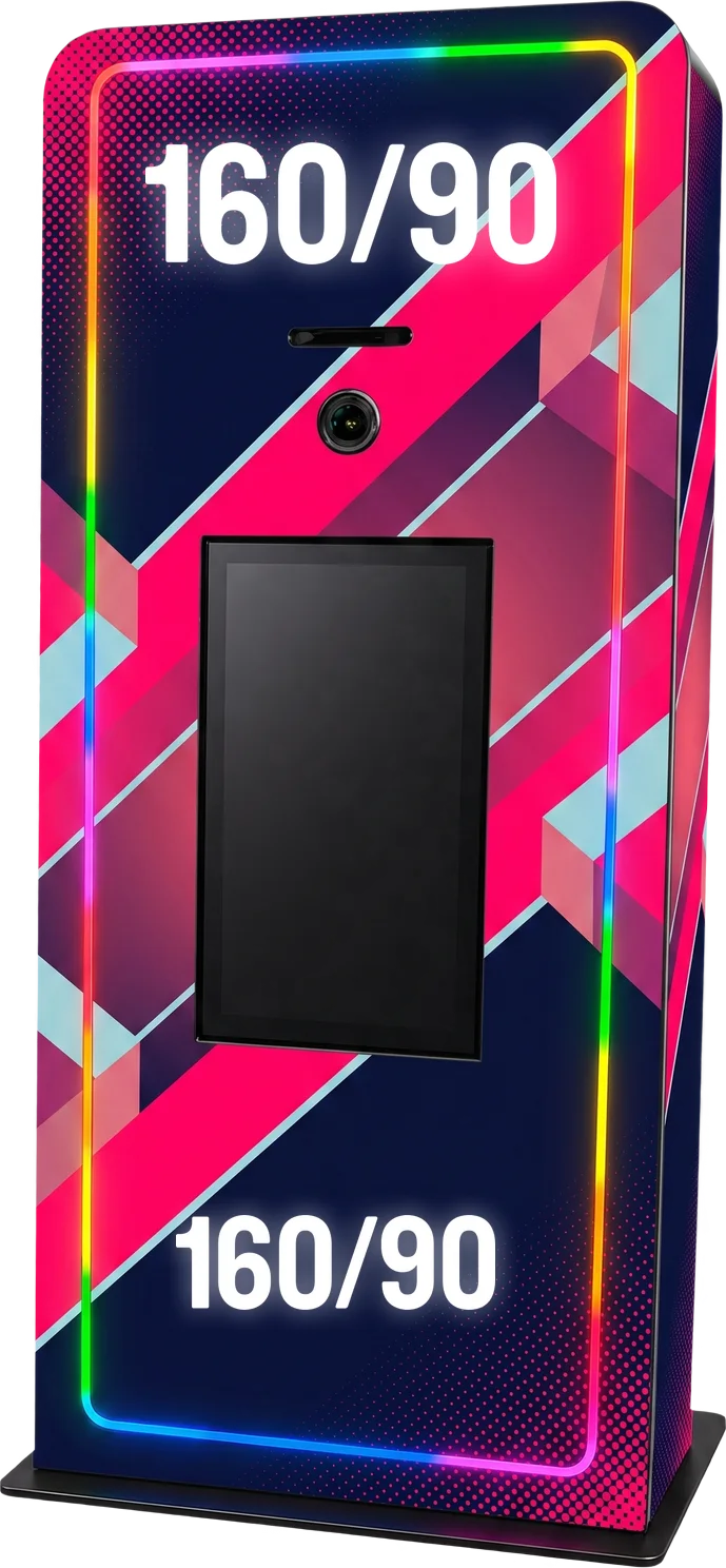 Elevated Kiosk with LED edge lighting, large touch screen, and integrated printer, shown in a 160over90 custom wrap