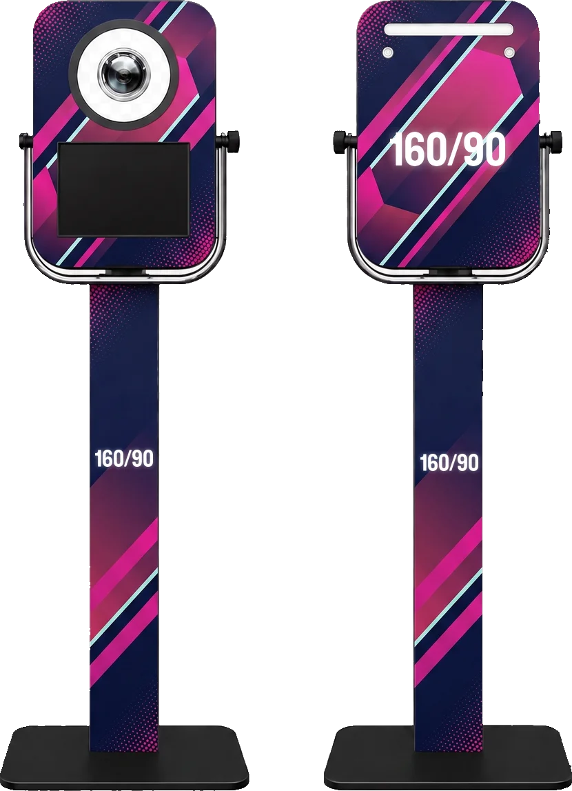 PRO booth, front and back, with adjustable tilting head unit, shown in a 160over90 custom wrap