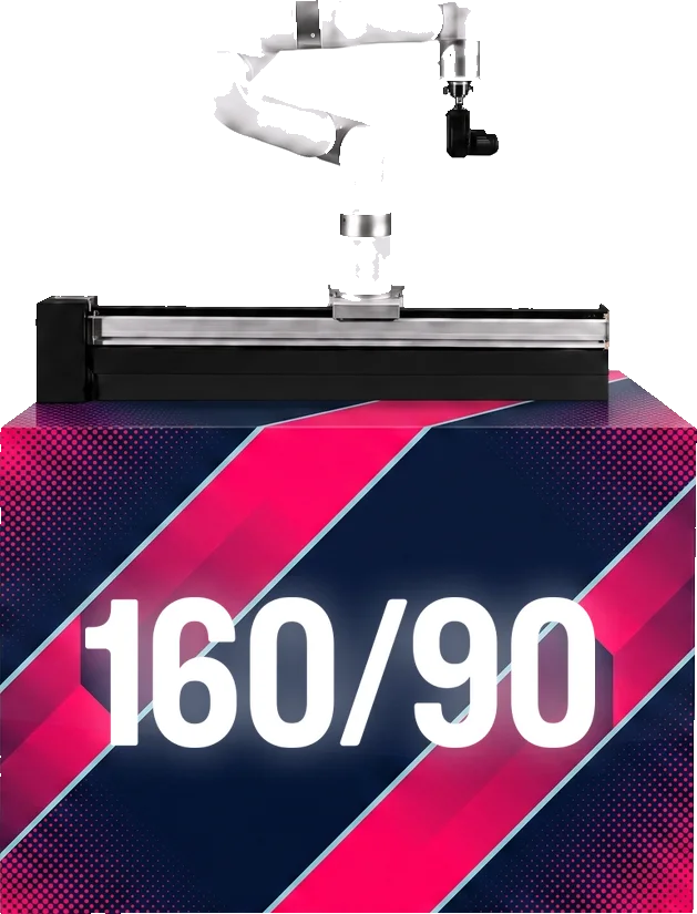 Robotic camera arm mounted on a rail atop a branded base cabinet, shown in a 160over90 custom wrap